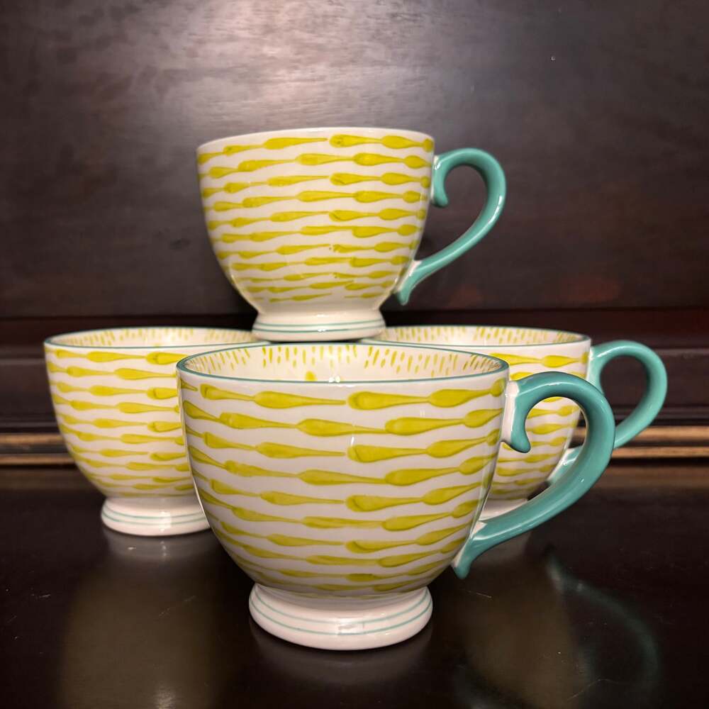 West Elm Footed Coffee Mug Yellow White Geometric Pattern